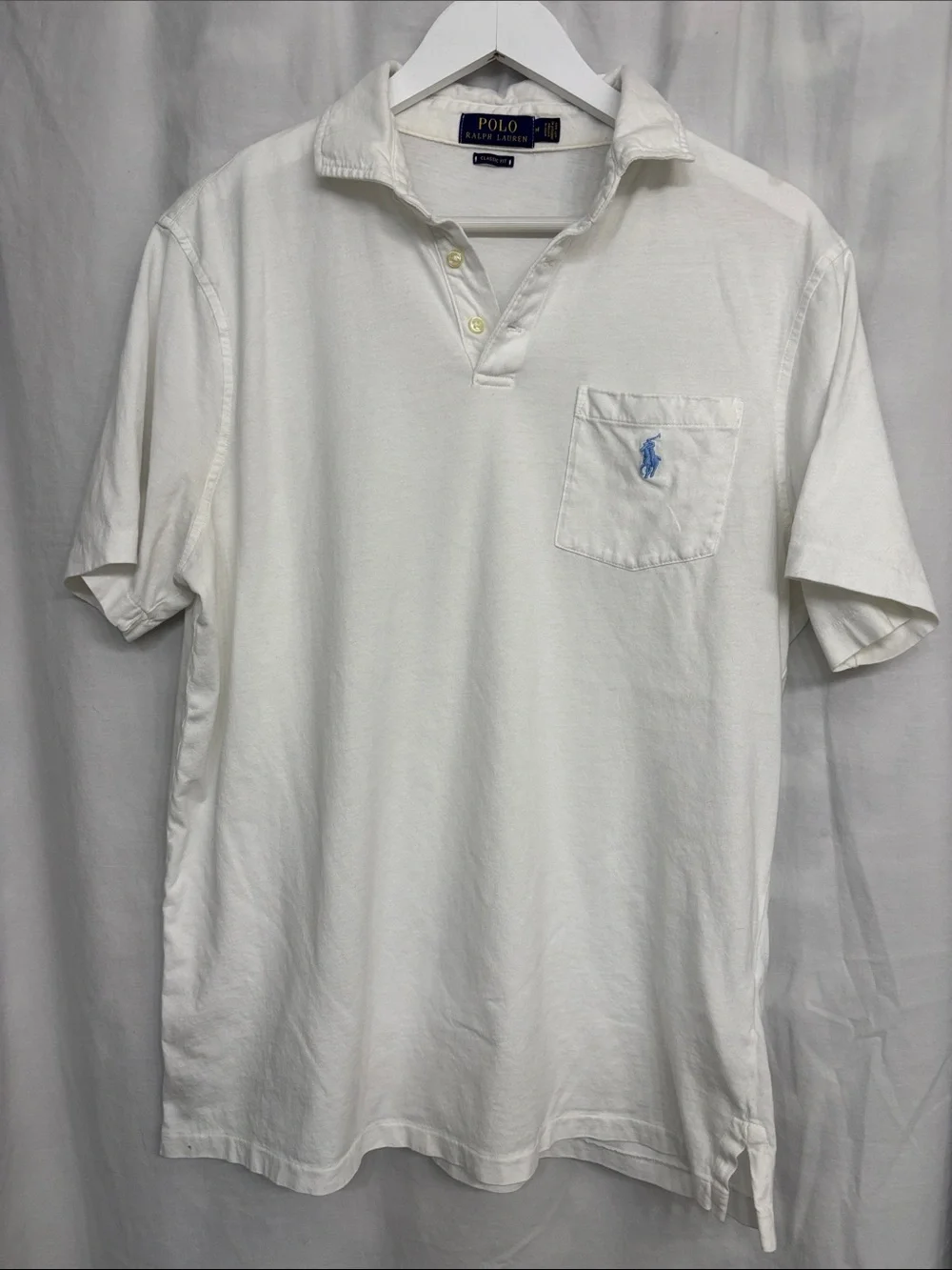 Polo Ralph Lauren White Polo Shirt Blue Pony Front Pocket Men's Large